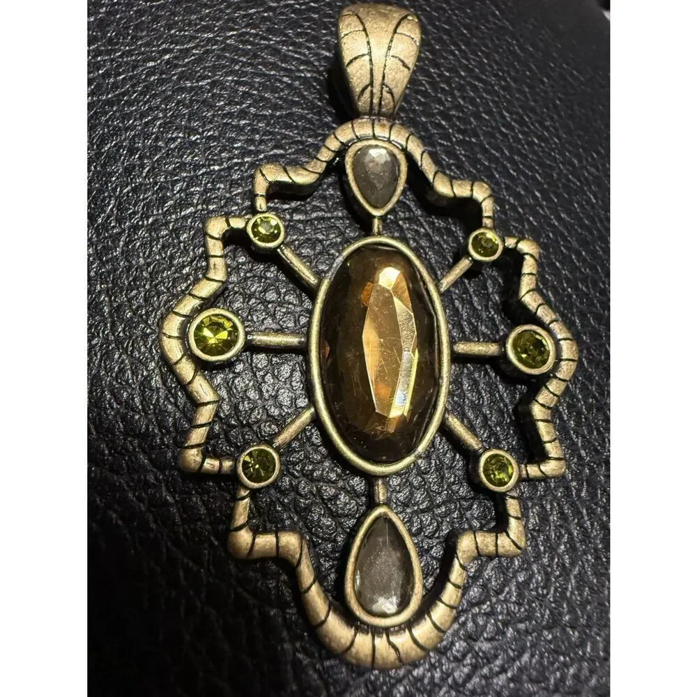 Vintage Gold Tone Statement Pendant Women Large Boho Gemstone Wide Bail